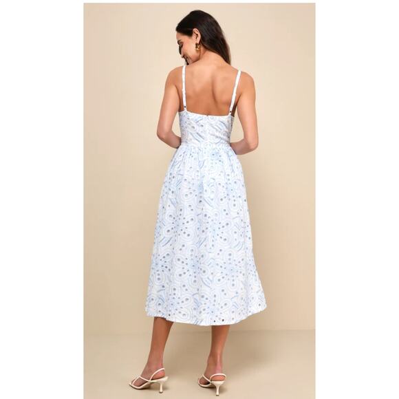New! Lulu's Wm'S Sunny Poise White Cotton Eyelet Blue on White Midi Dress L# 50 - Picture 5 of 10